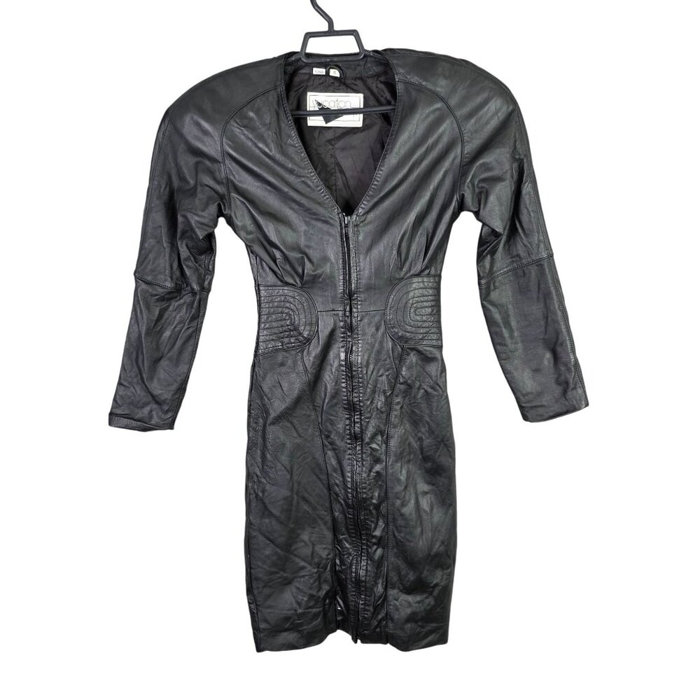 Womens Yucatan Bay Black Leather Body Con Dress Front Zip Long Sleeve V Neck 6